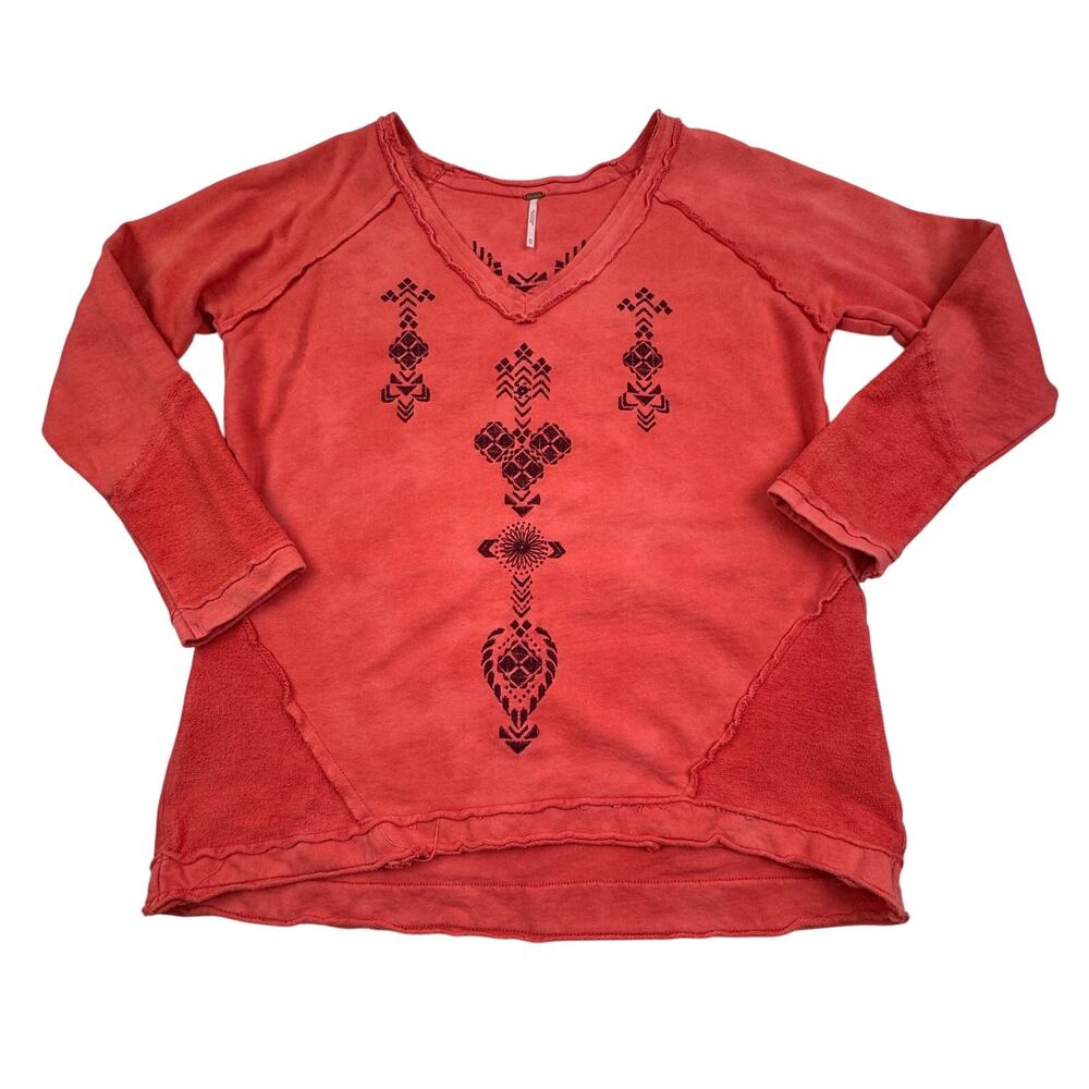 Free People Long Sleeve V-Neck Aztec Embroidered Sweatshirt Women's Size XS